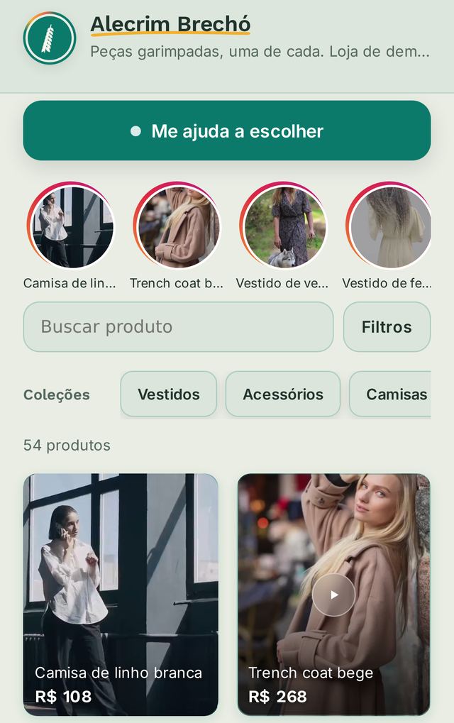 Uma vitrine montada a partir de um perfil do
             Instagram, com foto, nome e preço em cada peça
